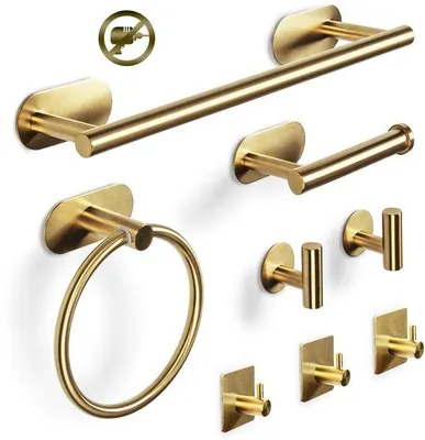 Immagine prodotto di Set da bagno, 8 pezzi, dorato, autoadesivo, ganci, supporti
