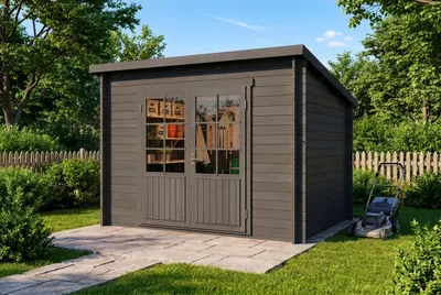 Produktbild von Alpholz Gartenhaus Maria aus Holz, Gerätehaus 300 x 272 cm mit 40 mm Wandstärke in Imprägniert Grau