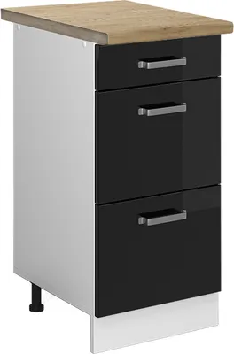 Obrázok produktu pre Kuchynská spodná skrinka Vicco R-Line Čierny vysoký lesk 40 cm so zásuvkami, dub AP, Model 45853