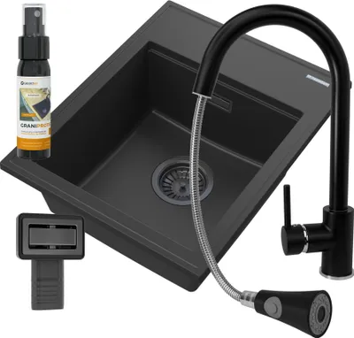 Produktbild von Granitan | Granitspüle - Spülbecken 1-Kammer - 50x40cm - Schwarz - Mischbatterie SNAKE Schwarz - mit Siphon - ALOR