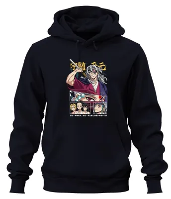Imagen del producto de Kimetsu no Yaiba, Tengen Uzui, Sudaderas con capucha uni, diseño del personaje, color azul marino, talla S