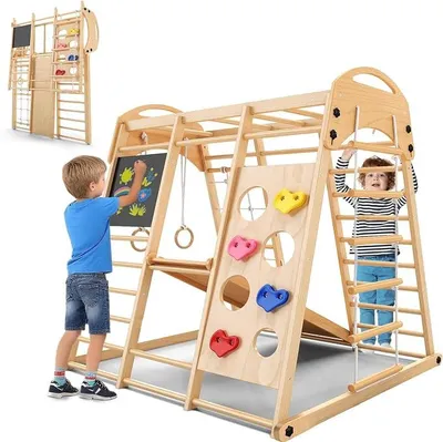 Produktbild von Klettergerüst Indoor Klappbar, Montessori 9-in-1 Holzspielplatz mit Rutsche, Schaukel & Kletternetz, Sprossenwand Kletterdreieck für Kinder 1-6 Jahre (Natur)