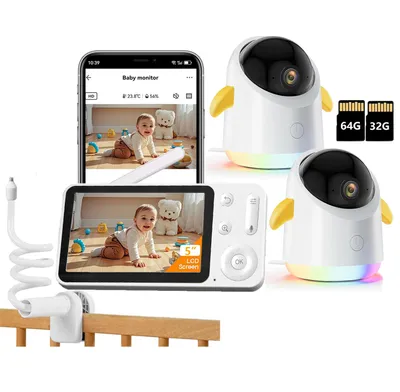 Image de Babyphone avec 2 caméras et APP 2K 5 pouces WLAN Babyphone avec écran partagé Vision nocturne IR Lumière nocturne colorée 360° PTZ 4×Zoom avec support avec 32G & 64G
