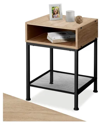 Produktbild von Nachttisch, Beistelltisch mit offenem Fach und Gitterablage, Pflanzenständer, Möbel Deko Schlafzimmer, Nachtschrank, Wohnzimmer Möbel, Zimmer Deko - Industrial Holz hell, Eiche Sonoma