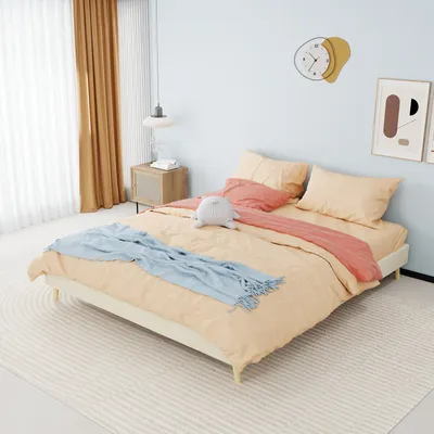 Image de Cadre de lit rembourré, dimensions 160 x 200 cm, tissu velours, couleur beige, design bas