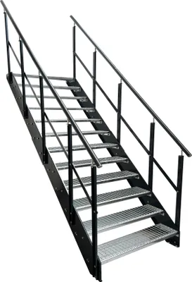 A metal staircase with metal grating steps and handrails, isolated on a white background.