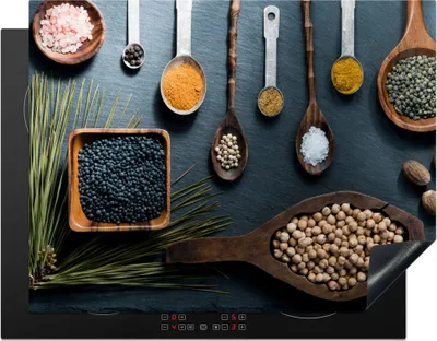Produktbild von KitchenYeah© Herdabdeckplatte Kräuter - Löffel - Gewürze - Küche , 77x59cm, Küche Deko, Glaskeramikkochfeld Herdabdeckung, Abdeckplatte fùr Kochfeld