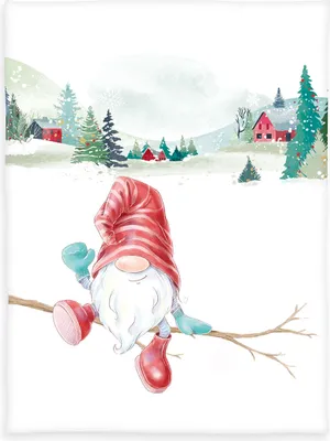 A watercolor illustration of a gnome sitting on a branch in a snowy winter landscape with red barns and evergreen trees.