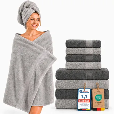 Produktbild von Komfortec 8er Handtuch Set aus 100% Baumwolle, 4 Badetücher 70x140 und 4 Handtücher 50x100 cm, Frottee, Weich, Towel Groß Anthrazit Grau/Silber