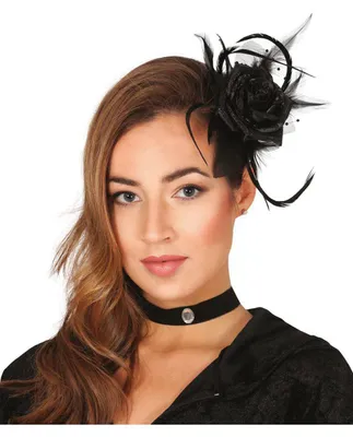 Produktbild von Blumen Haarspange mit Rose und Federn in Schwarz als Kostümaccessoire für Halloween und Karneval
