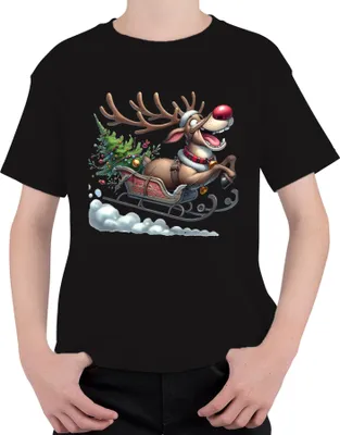 Produktbild von Rudolph Rentier Schlitten Weihnachtsbaum Glöckchen Cartoon Lustig Uni Kinder T-Shirt, Schwarz, 140