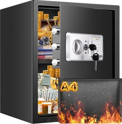 Produktbild von Safe Tresor Feuerfest mit Feuerfester Wasserdichter Dokumententasche, 60L Digitaler Tresor mit Herausnehmbares Regal und Alarmanlage, Großer Möbeltresor für Schmuck Bargeld Medikamente A4 Dokumente
