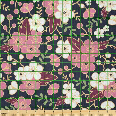 Produktbild von ABAKUHAUS japanisch Microfaser Stoff als Meterware , Weicher Frühlings-Nachtgarten-Muster mit asiatischen Ursprung-ländlichen Sakura Branches in der Blüte, 2 M (230 x 200 cm), Mehrfarbig
