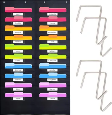 Produktbild von Heavy Duty Storage Pocket Chart für Klassenzimmer mit 20 Nametag Taschen, 4 Overdoor Aufhänger enthalten, Hanging Wall File Organizer für Ordner, Aufgaben, Dateien (schwarz)
