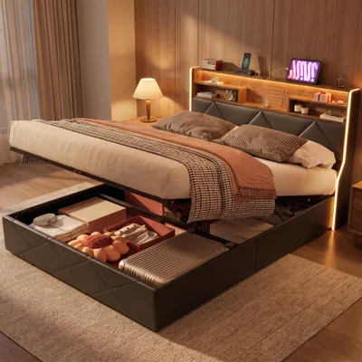 Produktbild von INONEFT Boxspringbett Polsterbett 140x200cm mit LED und USB,Hydraulisches Stauraumbett mit Bettkasten,Bettgestell mit Lattenrost/Stauraum, PU, Schwarz