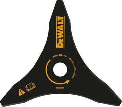 A black and yellow DeWALT trimmer blade is shown against a white background.
