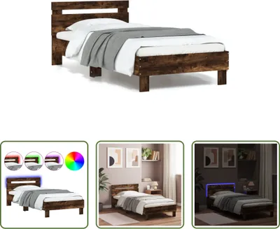 Zdjęcie produktu dla The Living Store Rama łóżka z zagłówkiem i oświetleniem LED dąb wędzony 90x190cm