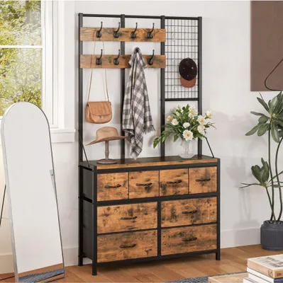 Produktbild von BALCONERA Garderobenständer, Garderobe mit 8 Schubladen & 8 Haken für Flur, Vintagebraun