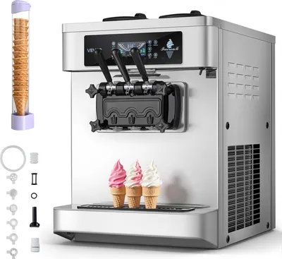 Obrázek produktu pro VEVOR Komerční stroj na výrobu měkké zmrzliny 20–28 l/h, zmrzlinovač 2200 W, komerční stroj na výrobu zmrzliny se 3 příchutěmi, 2 nádobami o objemu 6 litrů, předběžným chlazením a funkcí varování při nízké hladině směsi
