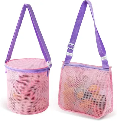 Image de Sacs de plage pour enfants, lot de 2, réutilisables, en filet, pour collecter des coquillages