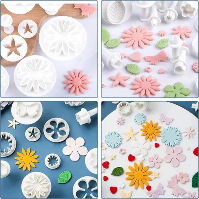 Produktbild von 33 Stück Fondant Ausstechformen - Ausstechformen für Kekse - Tortenzubehör - Modellierung - Schmetterlinge - Sterne - Herzform - Blätter - Weiß