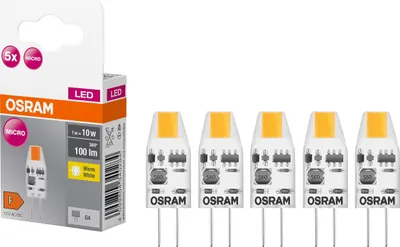 A package of OSRAM LED micro G4 pin base light bulbs and five individual bulbs.