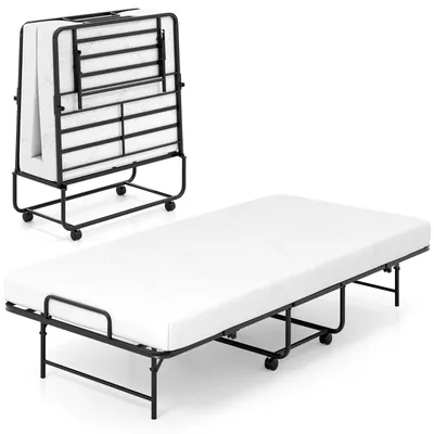 Produktbild von COSTWAY Gästebett 90x190cm mit Matratze, klappbares Einzelbett, stabiler Metallbett bis 220kg, Tragbares Bett Klappbett Faltbett auf Rädern Weiß
