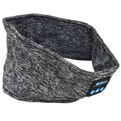 A close-up studio shot of a gray and black speckled fabric headband with a small black and blue Bluetooth module on the side.