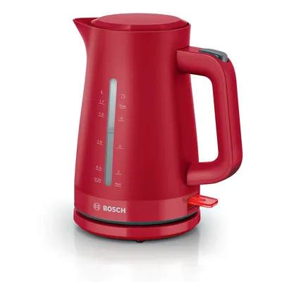 A red Bosch electric kettle is shown against a white background.