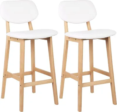Image de Ensemble de deux tabourets de bar, avec assise et dossier bien rembourrés en similicuir. Design : chaise en bois, couleur blanche