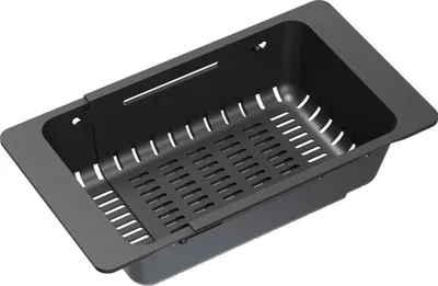A black sink strainer basket shown from a diagonal angle.