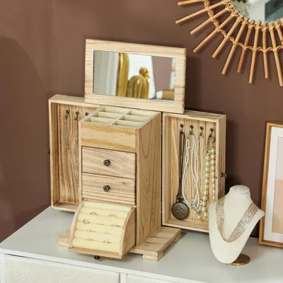 Produktbild von Schmuckbox mit Spiegel, Schmuckkästchen Holz, 4 Ebenen, Halskettenhaken, Braun | 26,5 x 16 x 33,5 cm | Paulownia-Holz | 8 Haken