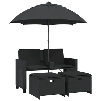 Produktbild von Gartensofa 2-Sitzer Sonnenschirm und Hocker Schwarz Poly-Rattan