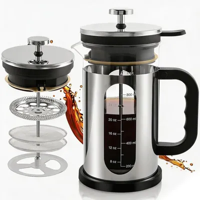 Produktbild von French Press Kaffeemaschine 1000ml, Borosilikatglas & Edelstahl, 4-fach Filter, wiederverwendbar – Kaffeebereiter & Teekanne für Camping und Küche