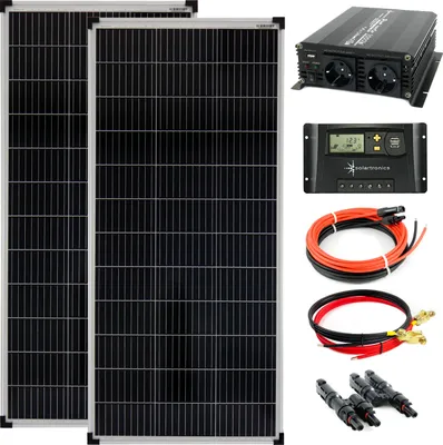 Produktbild von Solar Set 12V 2x100 Watt Solarpanel 20A Laderegler 1000W Spannungswandler Solaranlage