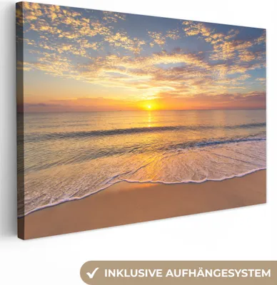 Produktbild von MuchoWow® - Leinwandbilder - Strand - Sonnenuntergang - Meer, Wandbild, Wanddeko Bilder Wohnzimmer, 90x60cm