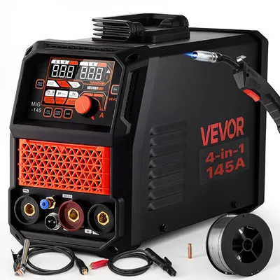 Immagine prodotto di VEVOR Saldatrice MIG 145A 4-in-1: saldatura MIG/filo animato/TIG (lift arc)/MMA, 220V. Saldatrice portatile per officina, garage e uso domestico, con tecnologia IGBT inverter, controllo sinergico, modalità 2T/4T e display digitale