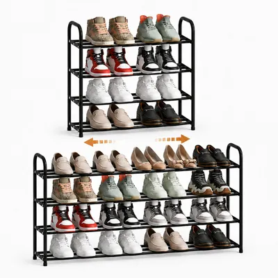Produktbild von Schuhregal ausziehbar 43-78 cm, 4 Etagen, schmal, platzsparend, Schwarz