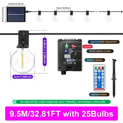 Imagen del producto de Guirnalda de luces con globos LED – Iluminación solar para jardín – 9,5 metros – 25 bombillas en forma de globo – Mando a distancia – Temporizador de 3/5/8 horas – 8 modos de iluminación – IP44