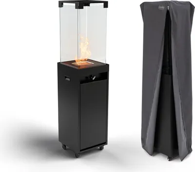 A black outdoor gas fireplace with a glass enclosure and a protective cover.