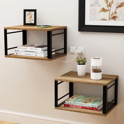Produktbild von 2x Hängender Nachttisch,Schwebender Nachtschrank,Nachttisch Regal aus Holz und schwarzem Metall,Wandregal,Nachttisch für Schlafzimmer 40x30x20cm
