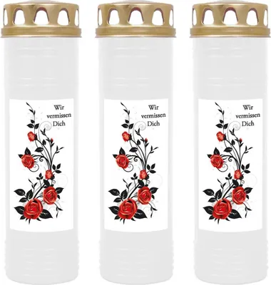 Produktbild von Grabkerze Weiß 3er Pack, Brenndauer: 170 Stunden ( je Kerze ), Motiv: Rose Ranke