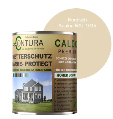 Produktbild von Contura 500ml Wetterschutzfarbe Holz Dauerschutzfarbe Deckend Buntlack Holzfarbe Holzlasur Seidenmatt - Nordisch - RAL 1015 Analog