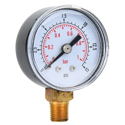 Produktbild von Mechanisches Manometer 1/8 Zoll BSPT Bodenanschluss für Luft, Öl, Wasser (0–15 psi, 0–1 bar)