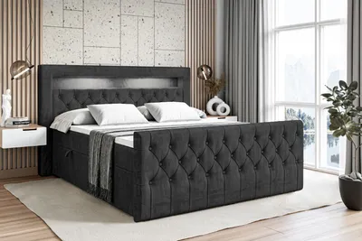 Produktbild von ALTDECOR Boxspringbett mit LED-Beleuchtung Matratze (20 cm hoch) und Topper (4 cm hoch), Polsterbett mit Kopfteil und Bettkasten - AURORA - 180x200 - H4 / Schwarz Samt