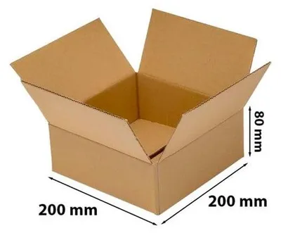 An open cardboard box with dimensions indicated.