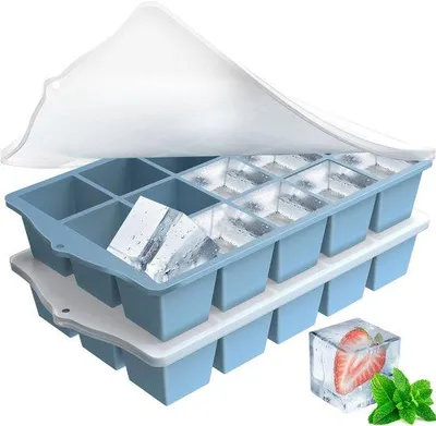 Image de Ibenzoa® : Lot de 2 moules à glaçons en silicone, avec couvercle, empilables – 15 compartiments par moule (soit 30 glaçons de 3 x 3,3 cm), sans BPA, inodore, résistant de -40 à 260 °C, lavable au lave-vaisselle