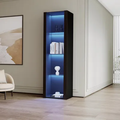 Produktbild von Merax Hochglanz Vitrinenschrank mit LED-Beleuchtung, Hochschrank mit 3 Glasböden, Stehschrank Vitrine aus MDF, Lagerschrank, Schwarz