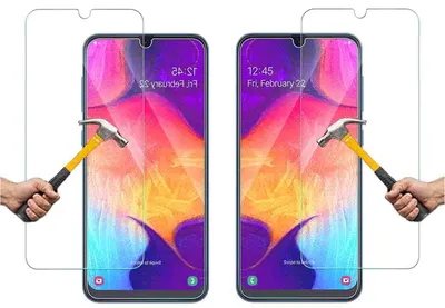 Two smartphone screen protectors are shown, each with a hammer striking it to demonstrate durability.