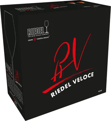 A black box with red and white branding for Riedel wine glasses.